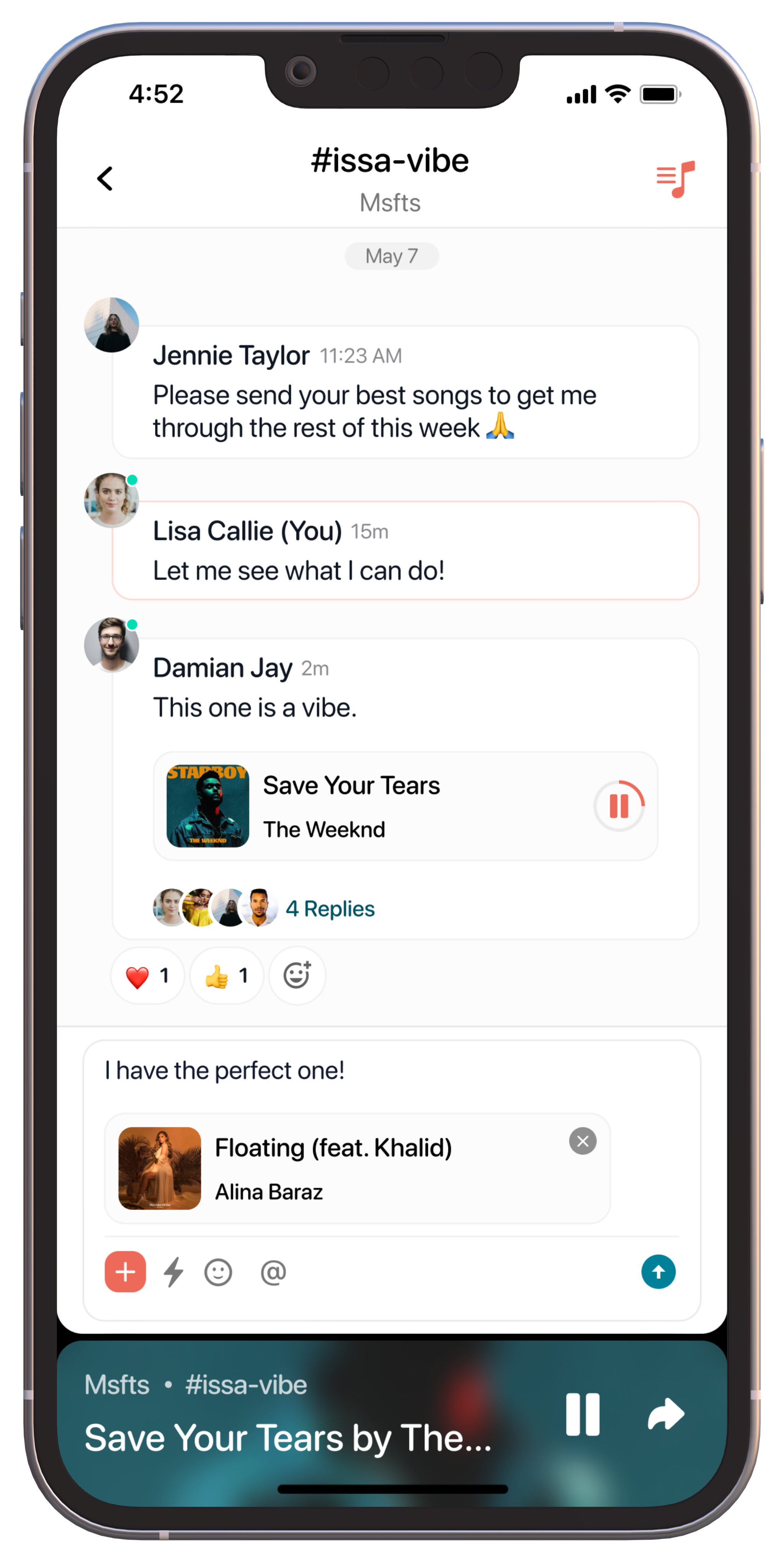 Picture of iPhone with messaging app where people are sharing songs with each other.
