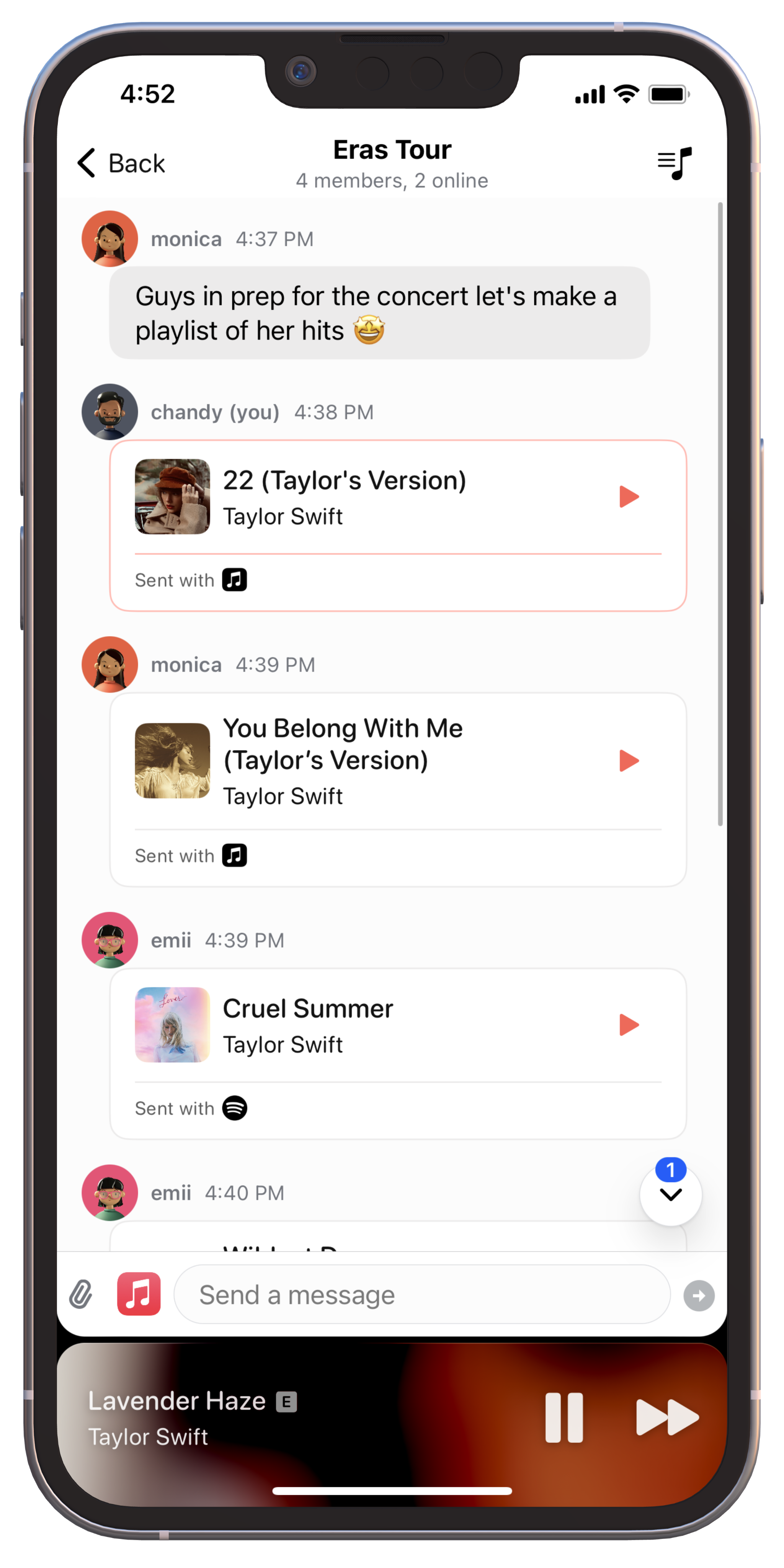 Picture of iPhone with messaging app where people are sharing songs with each other.