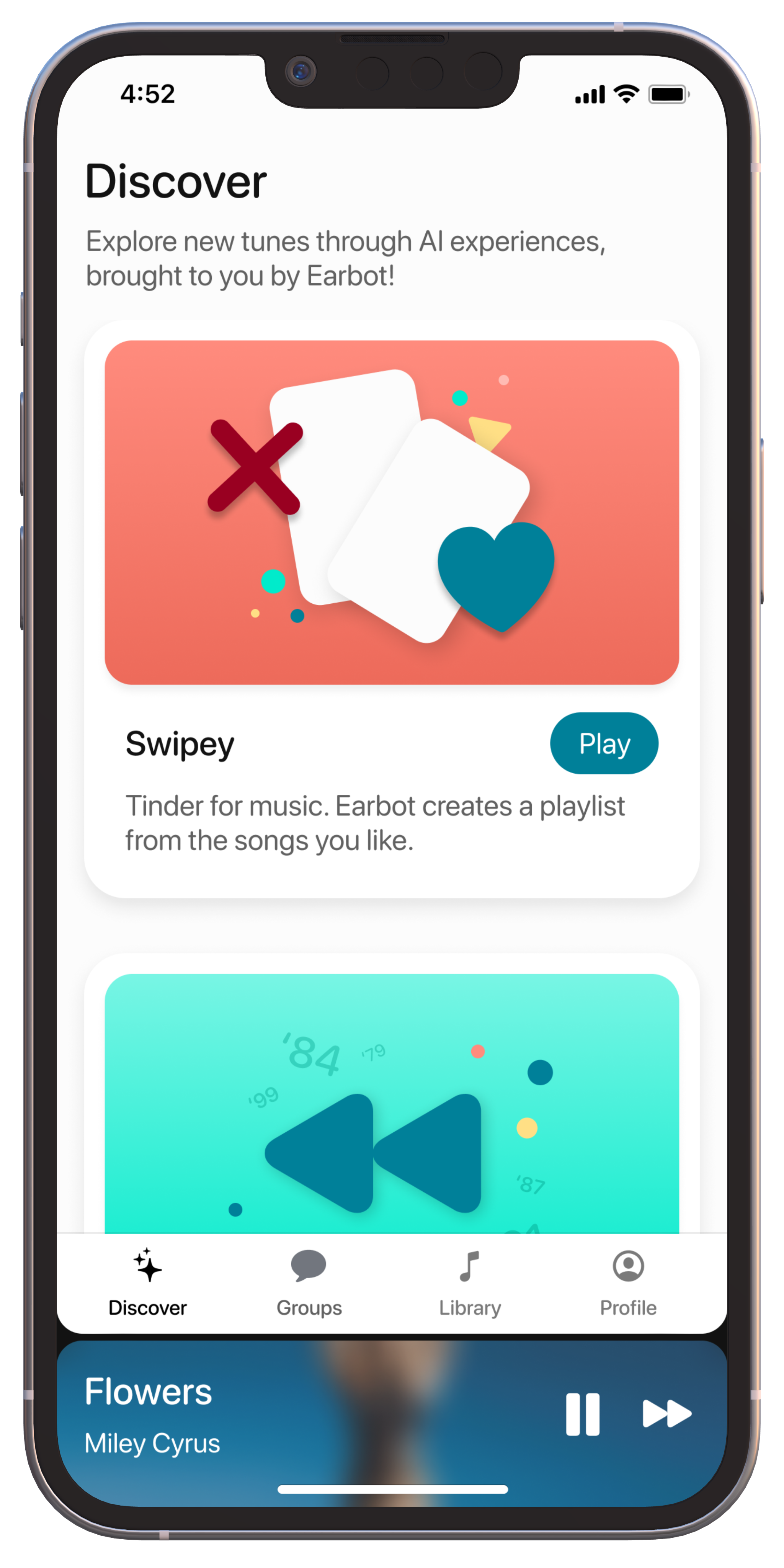 Picture of iPhone showing a song with big buttons to like or dislike it.