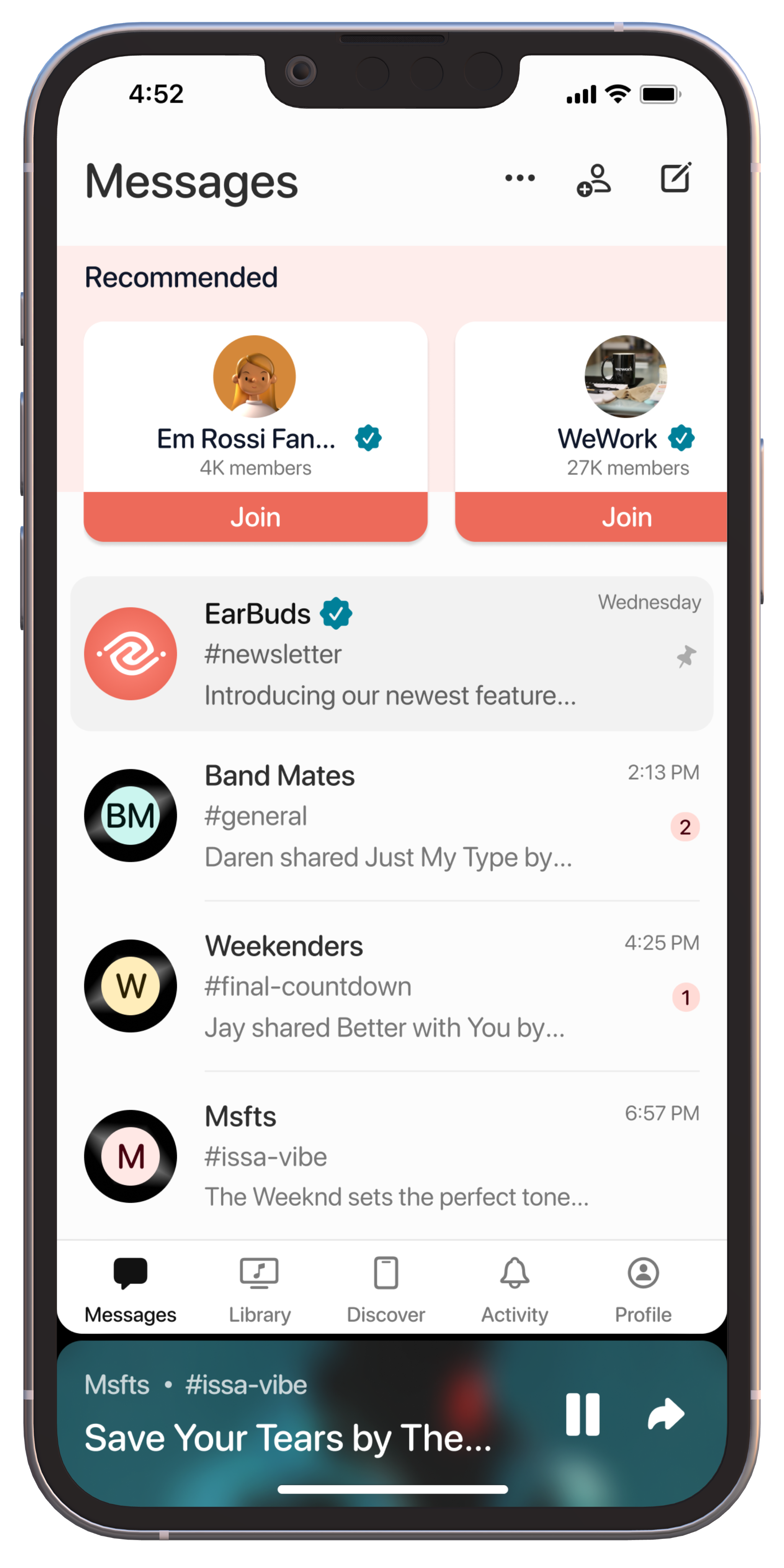 Picture of iPhone showing the home screen of a messaging app listing groups of messages.