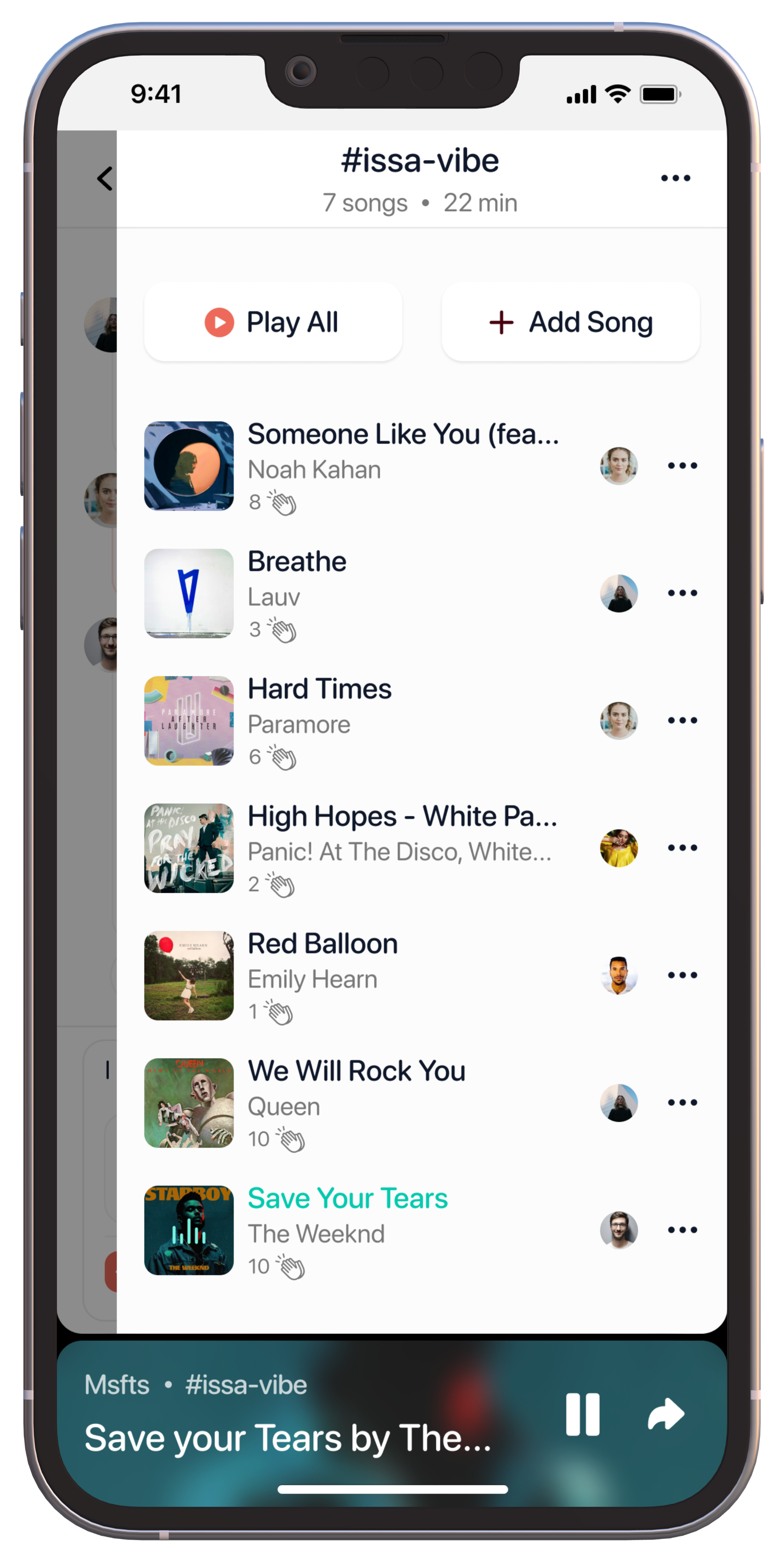 Picture of iPhone showing a music playlist alongside a chat thread.